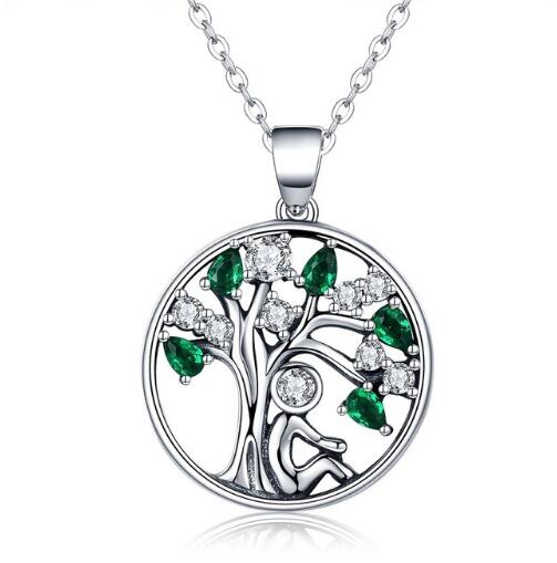 BAMOER 925 Sterling Silver Rely Tree of Life Pendant Necklaces Clear Green CZ SCN094